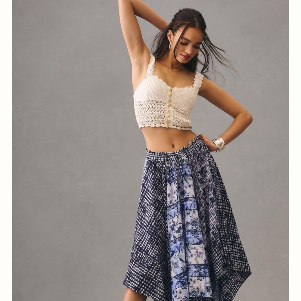 Anthropologie Pilcro Asymmetrical Linen Drawstring Skirt Floral Blue Motif